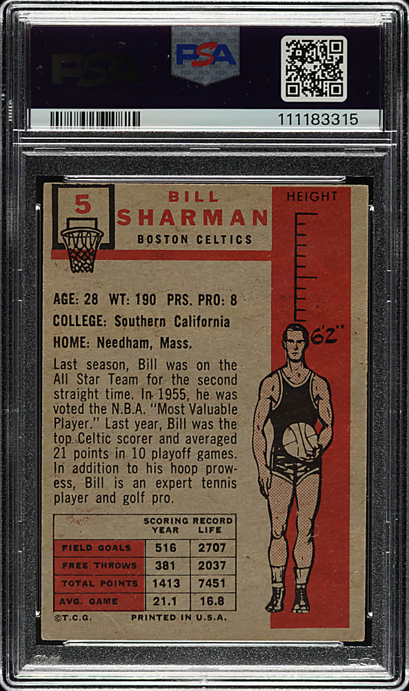 Signed 1957-1958 Topps Basketball #5 Bill Sharman Rookie PSA/DNA GEM MINT 10