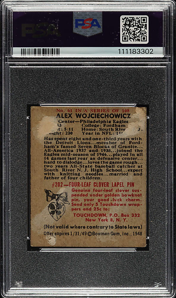 Signed 1948 Bowman Football #61 Alex Wojciechowicz Rookie PSA/DNA NM 7