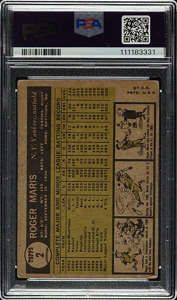 Signed 1961 Topps #2 Roger Maris PSA/DNA MINT 9