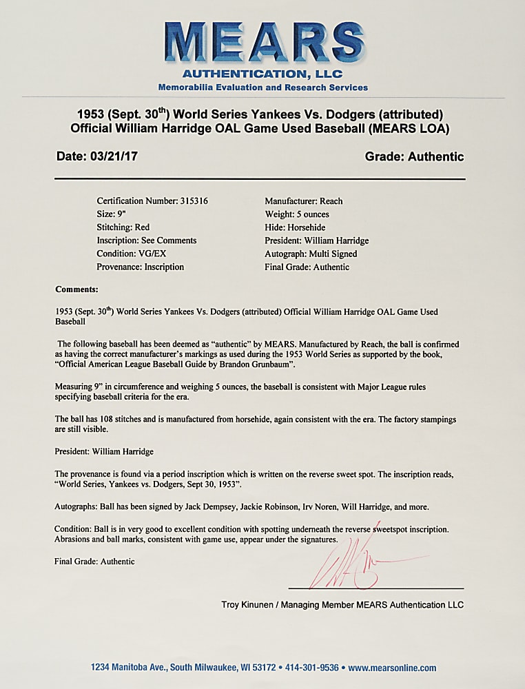 1953 New York Yankees (vs. Brooklyn Dodgers) World Series Game 1 Signed Game-Used Baseball with Jackie Robinson, Mickey Mantle, and Jack Dempsey - PSA/DNA, Beckett, and MEARS