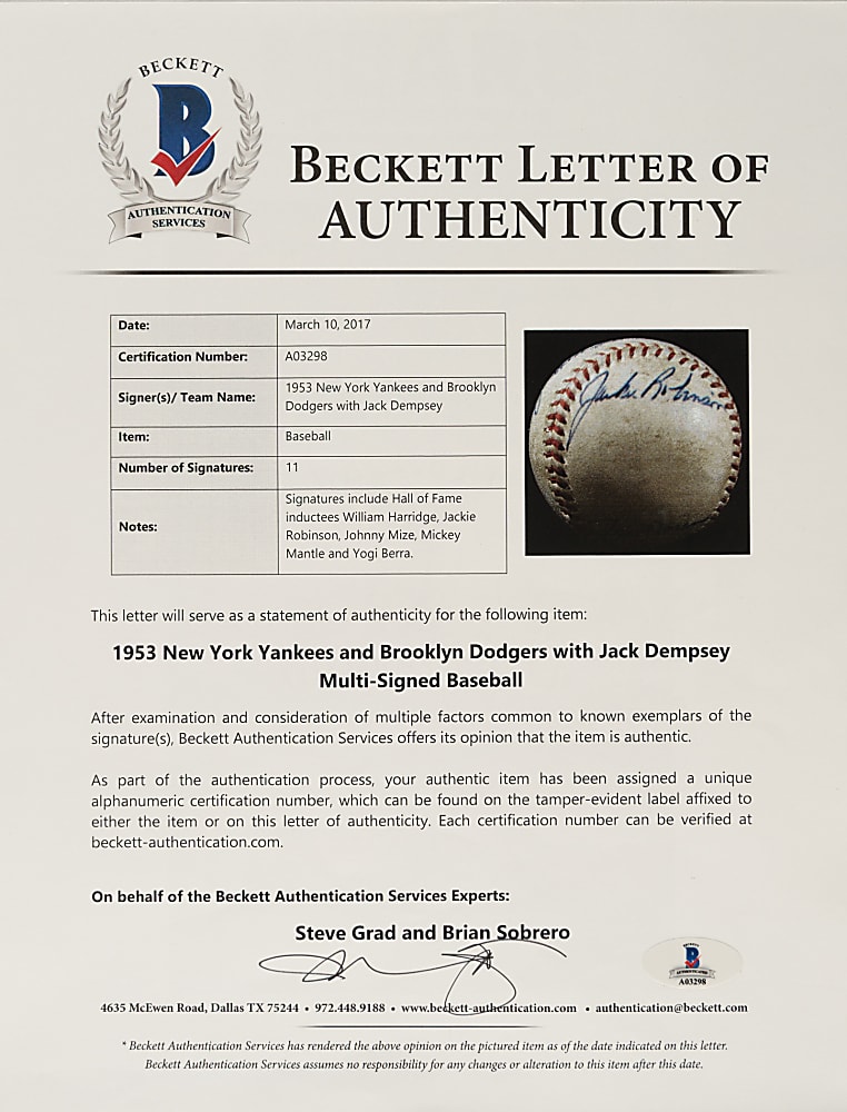 1953 New York Yankees (vs. Brooklyn Dodgers) World Series Game 1 Signed Game-Used Baseball with Jackie Robinson, Mickey Mantle, and Jack Dempsey - PSA/DNA, Beckett, and MEARS