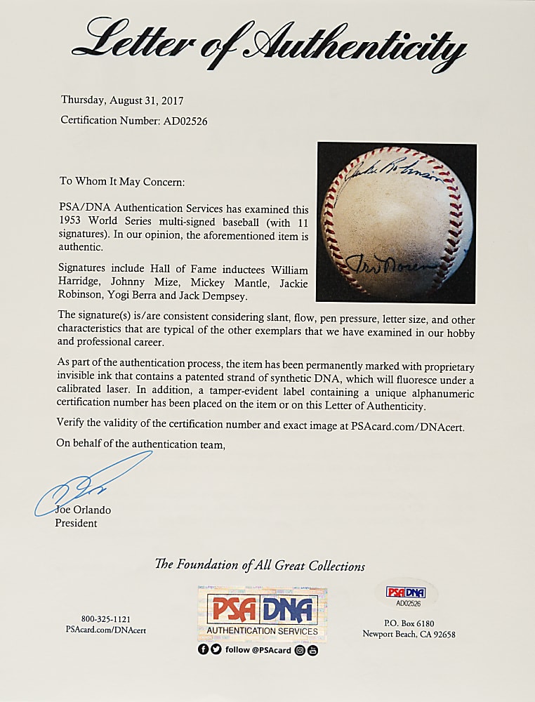 1953 New York Yankees (vs. Brooklyn Dodgers) World Series Game 1 Signed Game-Used Baseball with Jackie Robinson, Mickey Mantle, and Jack Dempsey - PSA/DNA, Beckett, and MEARS