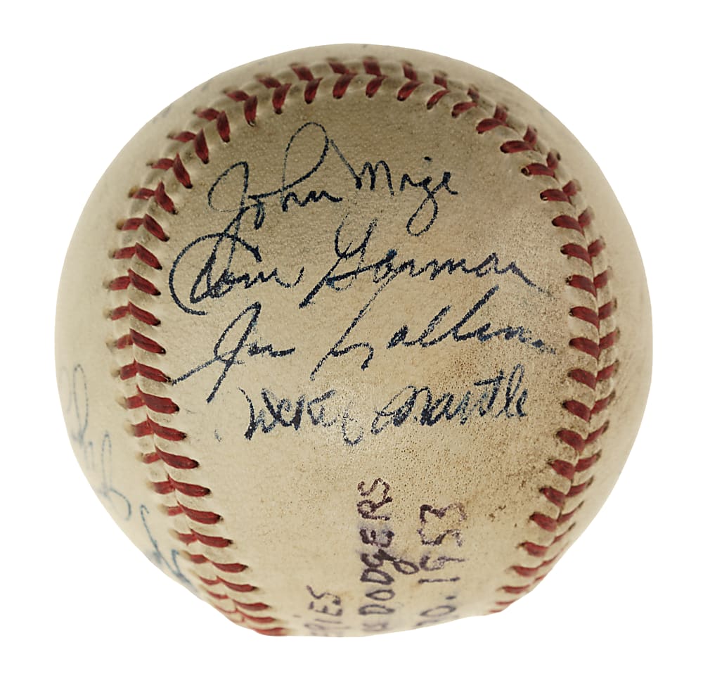 1953 New York Yankees (vs. Brooklyn Dodgers) World Series Game 1 Signed Game-Used Baseball with Jackie Robinson, Mickey Mantle, and Jack Dempsey - PSA/DNA, Beckett, and MEARS