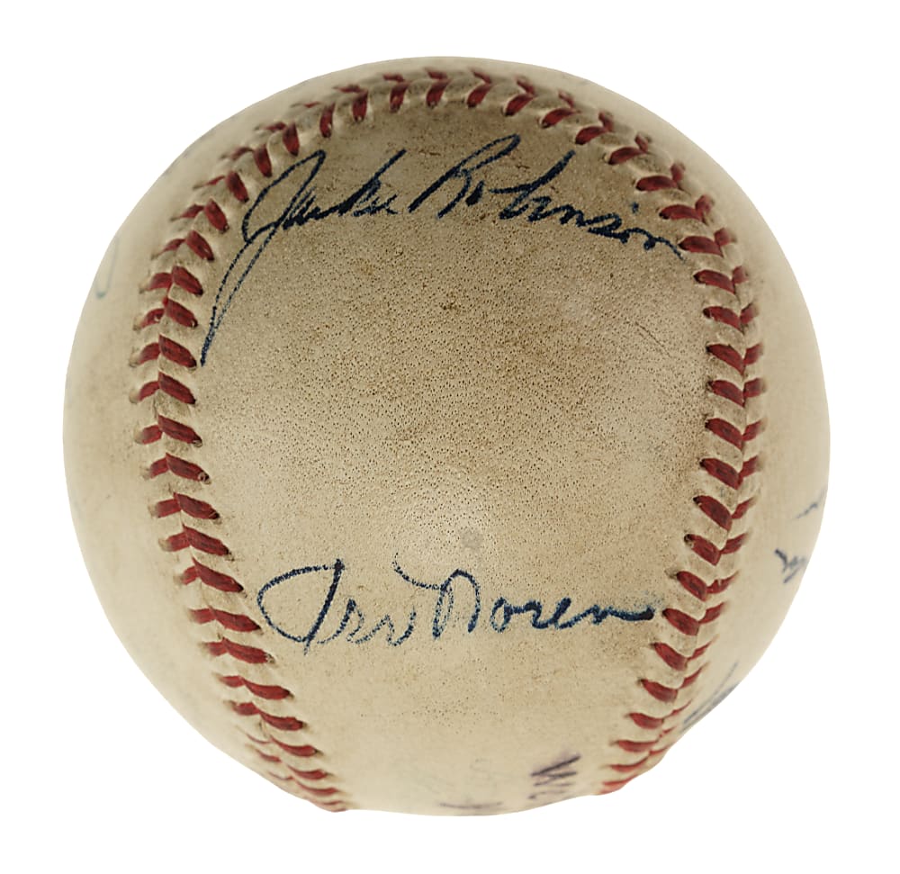1953 New York Yankees (vs. Brooklyn Dodgers) World Series Game 1 Signed Game-Used Baseball with Jackie Robinson, Mickey Mantle, and Jack Dempsey - PSA/DNA, Beckett, and MEARS