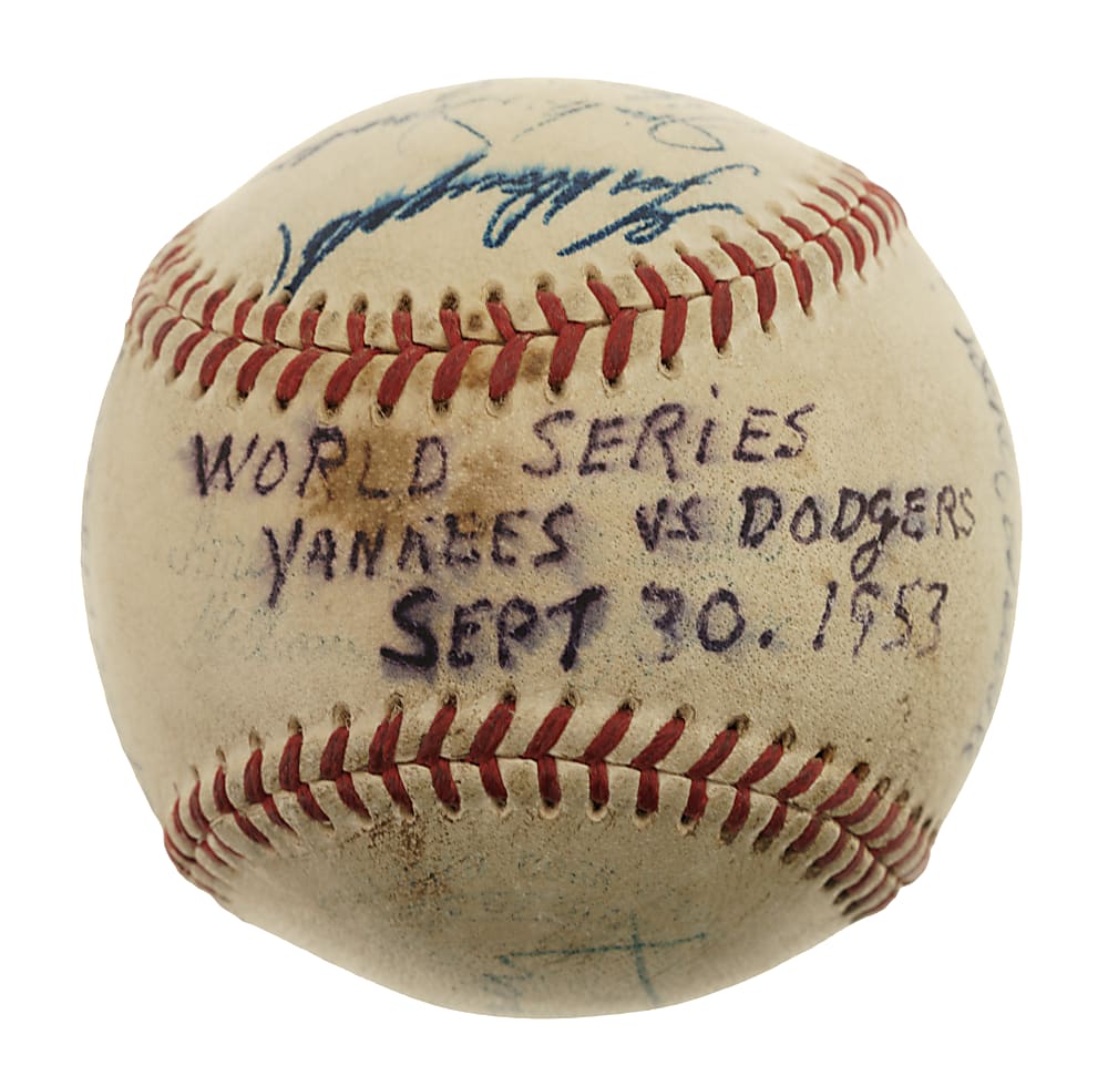 1953 New York Yankees (vs. Brooklyn Dodgers) World Series Game 1 Signed Game-Used Baseball with Jackie Robinson, Mickey Mantle, and Jack Dempsey - PSA/DNA, Beckett, and MEARS