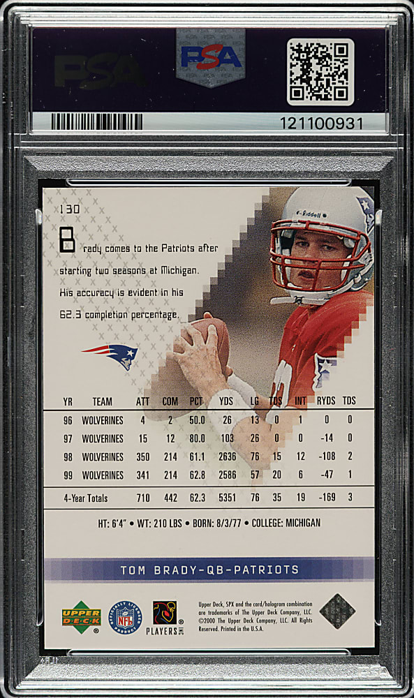 2000 Upper Deck SPX Football #130 Tom Brady Rookie #506/1,350 PSA EX-MT 6