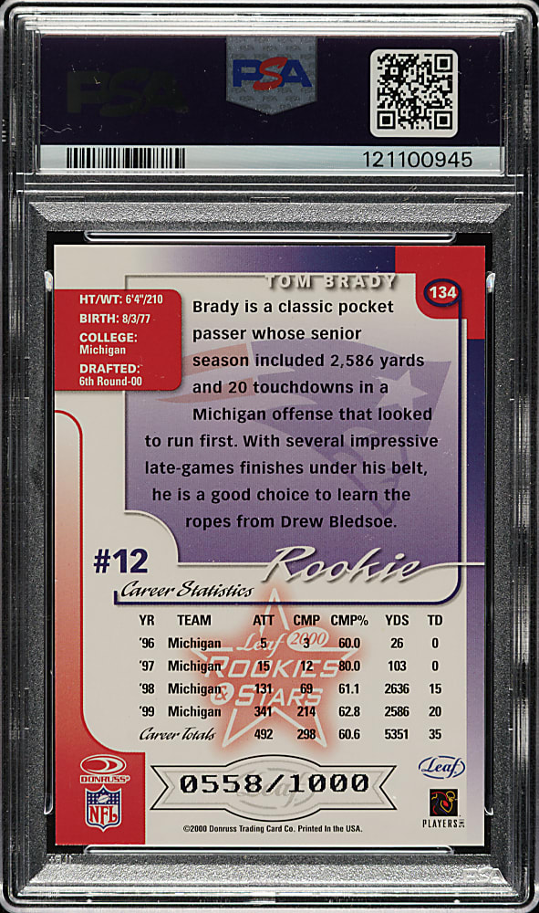 2000 Leaf Rookies & Stars #134 Tom Brady Rookie #558/1,000 PSA NM 7
