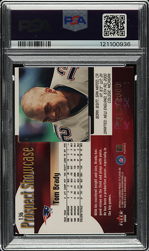 2000 Fleer Showcase Football #136 Tom Brady Rookie #318/2,000 PSA EX-MT 6