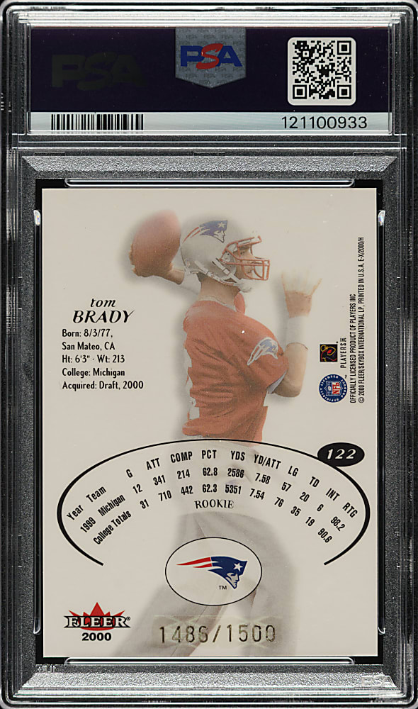 2000 Fleer E-X Football #122 Tom Brady Rookie #1,486/1,500 PSA MINT 9