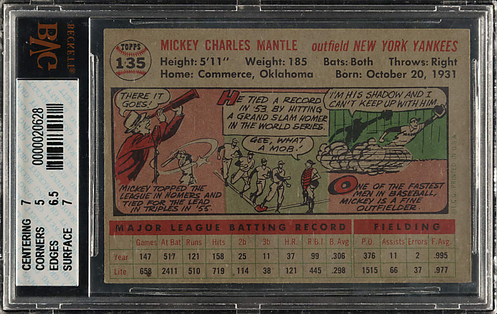 1956 Topps #135 Mickey Mantle Gray Back BVG EX+ 5.5