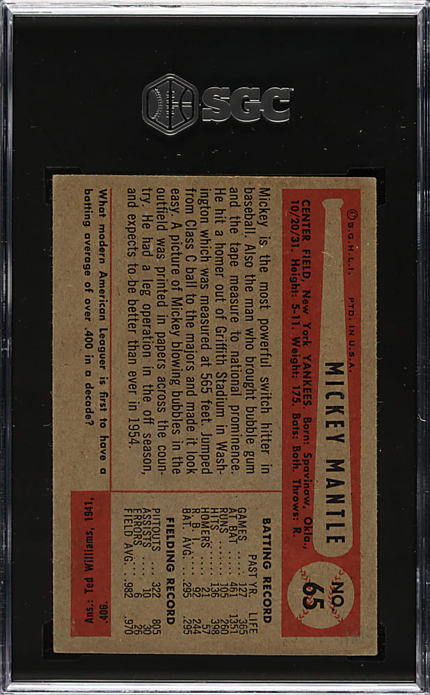 1954 Bowman #65 Mickey Mantle SGC VG/EX 4