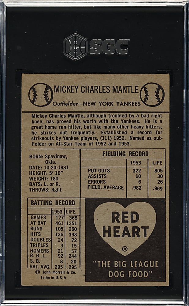 1954 Red Heart Dog Food Mickey Mantle SGC EX 5
