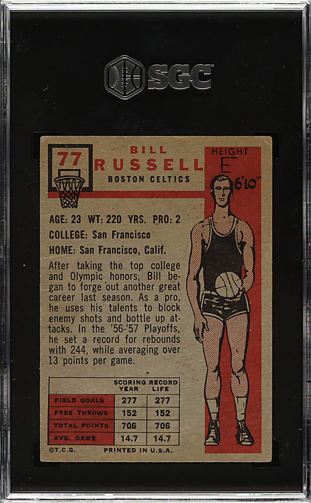 1957-1958 Topps Basketball #77 Bill Russell Rookie SGC VG/EX 4