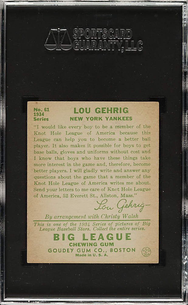 1934 R320 Goudey #61 Lou Gehrig SGC VG+ 45