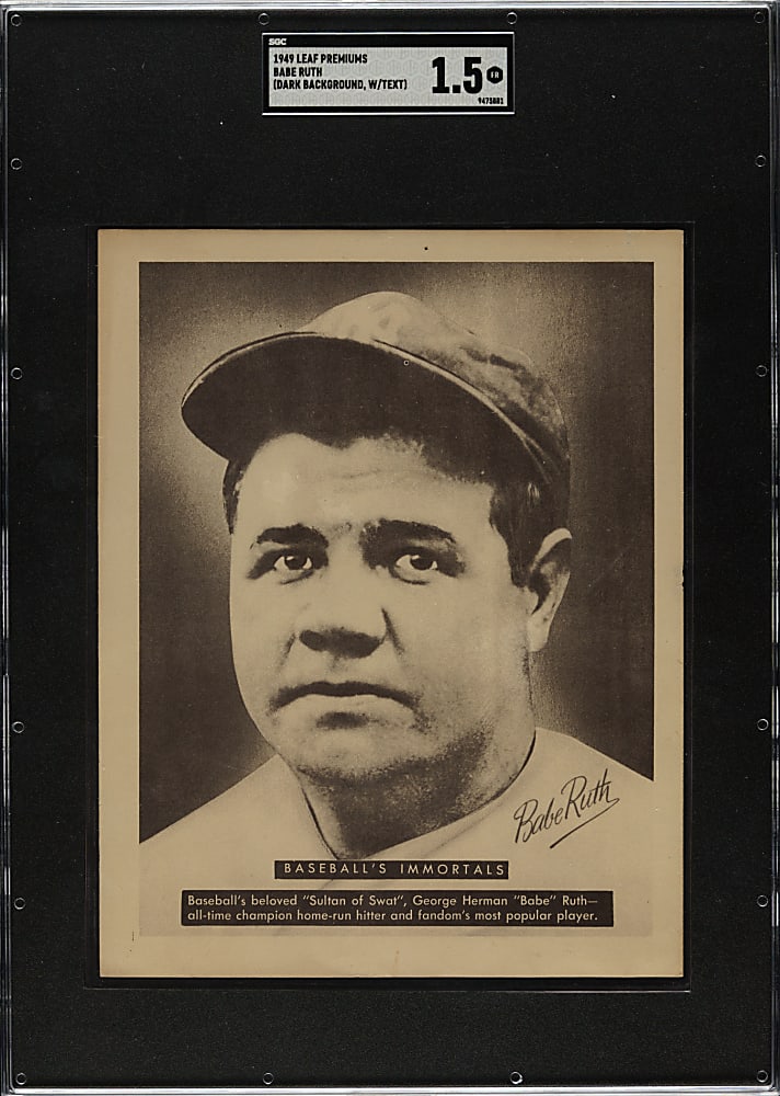 1949 Leaf Premiums Babe Ruth Dark Background with Text Boxes SGC FAIR 1.5