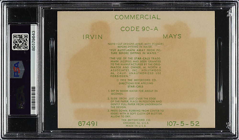 1952 Star-Cal Decals Type 2 #90-A Willie Mays/Monte Irvin (No Envelope) PSA GOOD 2 - 1 of 1 - Highest Graded!