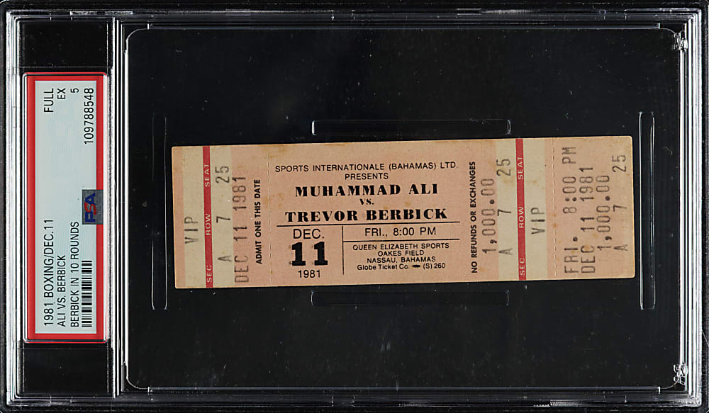 December 11, 1981 Muhammad Ali vs. Trevor Berbick "Drama in Bahama" Full Ticket PSA EX 5 - Ali's Final Fight - 1 of 2 - Highest Graded!