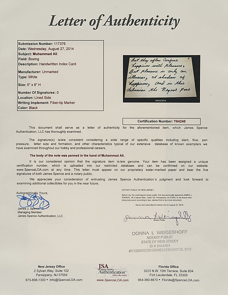 Muhammad Ali Handwritten Note - JSA