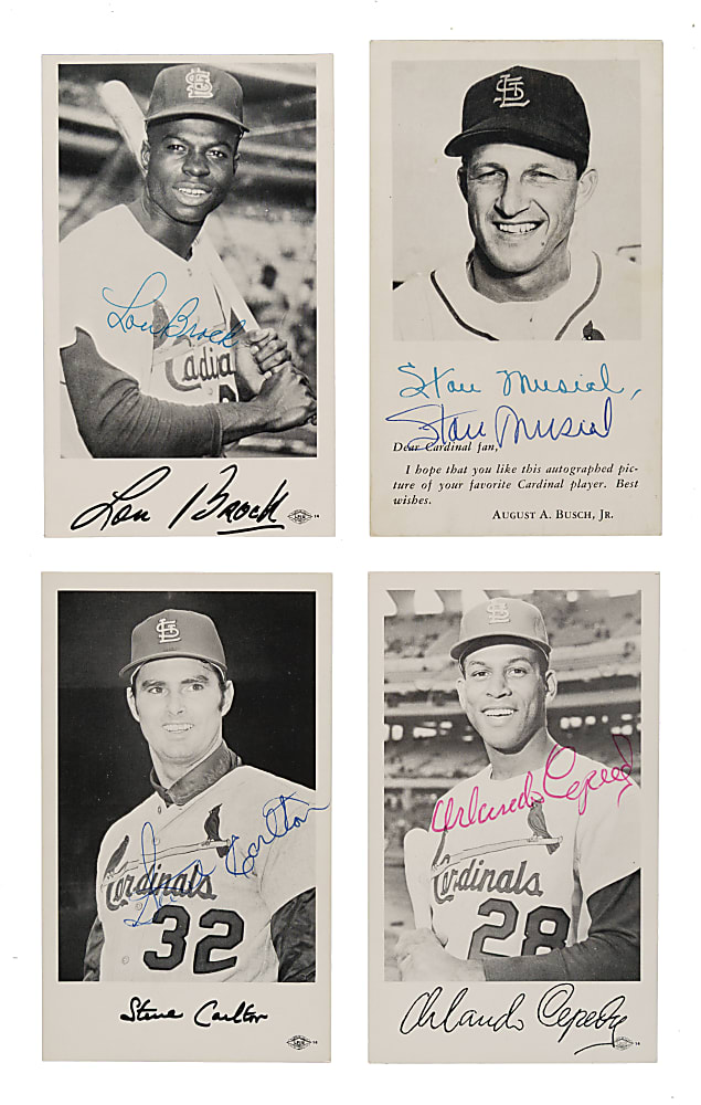Signed 1950s to 1960s St. Louis Cardinals Team-Issued Postcards/Photocards Collection (32) Including Musial, Minoso, Carlton, and Brock
