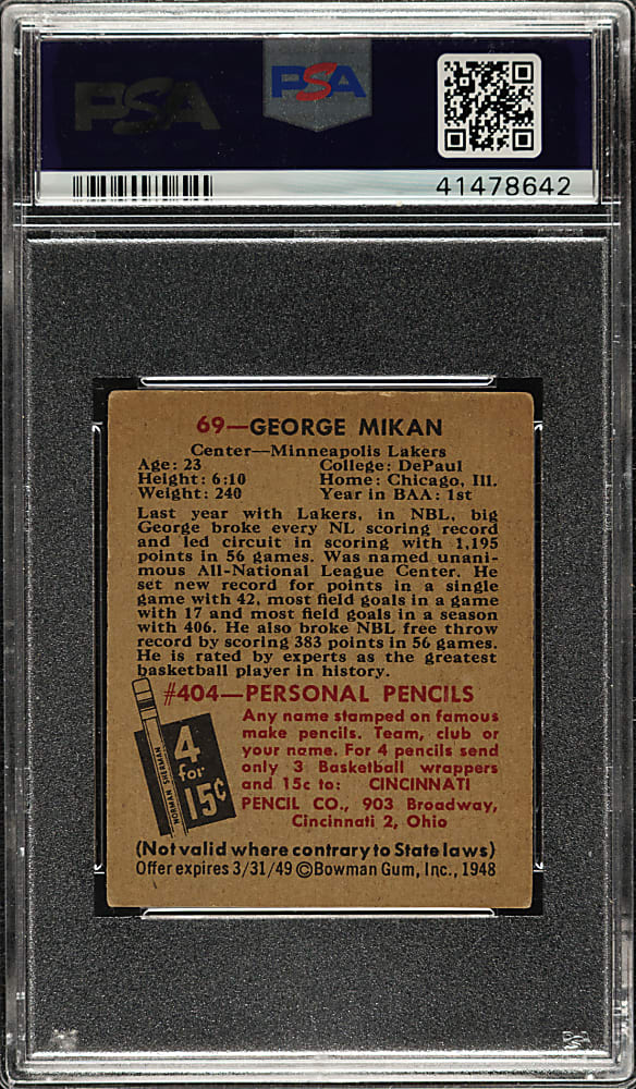 1948 Bowman Basketball #69 George Mikan Rookie PSA EX 5