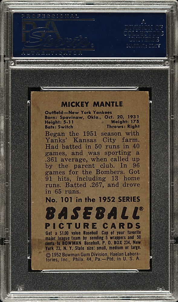 1952 Bowman #101 Mickey Mantle PSA EX 5