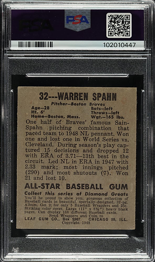1948-1949 Leaf #32 Warren Spahn Rookie PSA VG+ 3.5