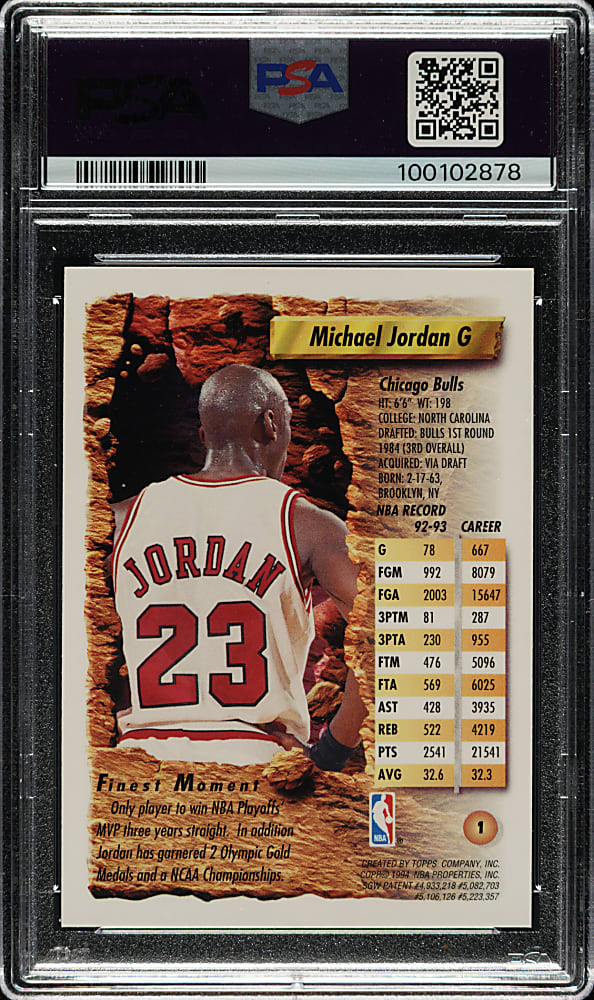 1993-1994 Topps Finest Basketball #1 Michael Jordan Refractor PSA NM-MT 8