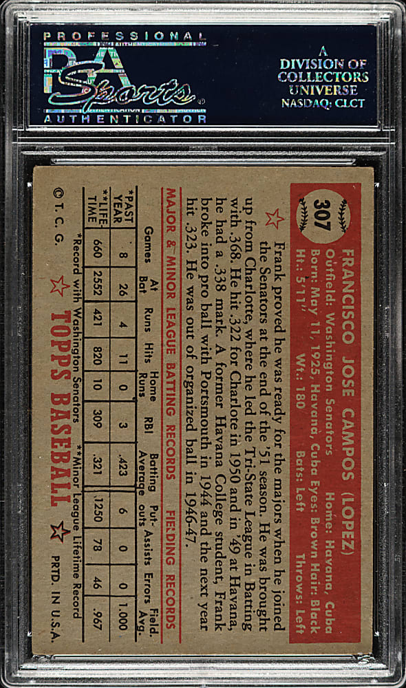 1952 Topps #307 Frank Campos - Rare "Black Star On Back" Variation PSA VG-EX 4