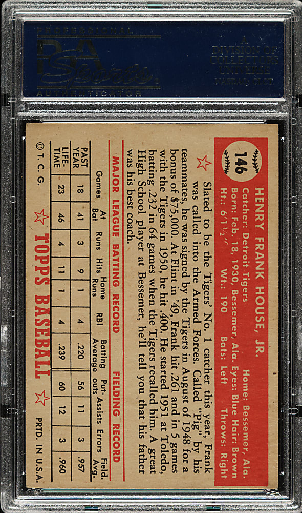 1952 Topps #146 Frank House PSA EX 5 - Rare "Yellow Tigers Logo" Variation