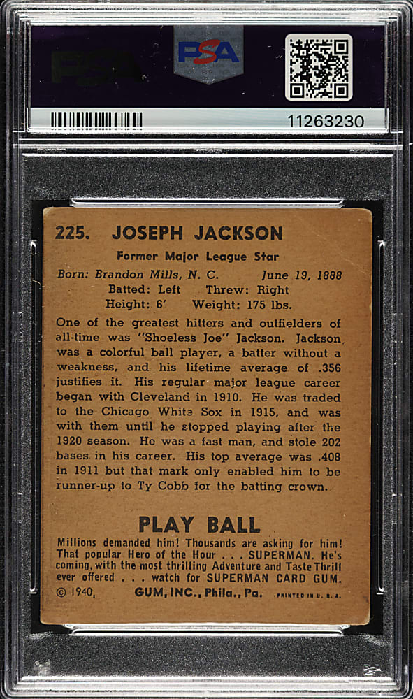 1940 R335 Play Ball #225 Joe Jackson PSA VG 3