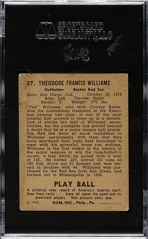 1940 R335 Play Ball #27 Ted Williams SGC VG 40