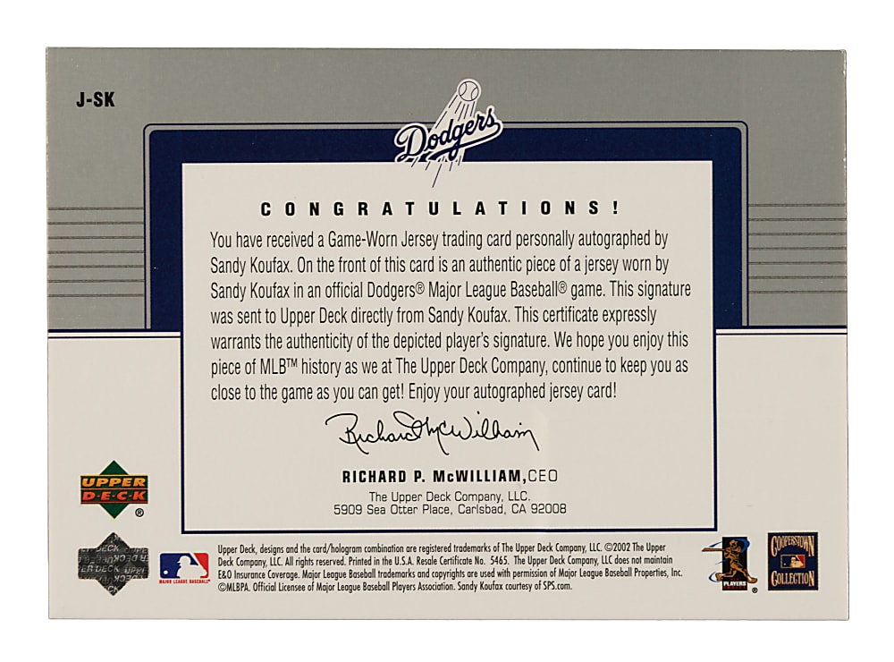 2002 Upper Deck Diamond Connection Memorable Signatures Jersey #J-SK Sandy Koufax #64/150