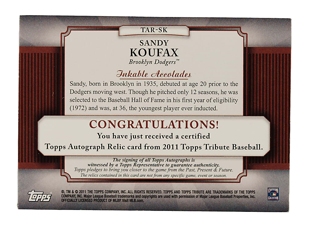 2011 Topps Tribute Autograph Relic #TAR-SK Sandy Koufax Green #23/75
