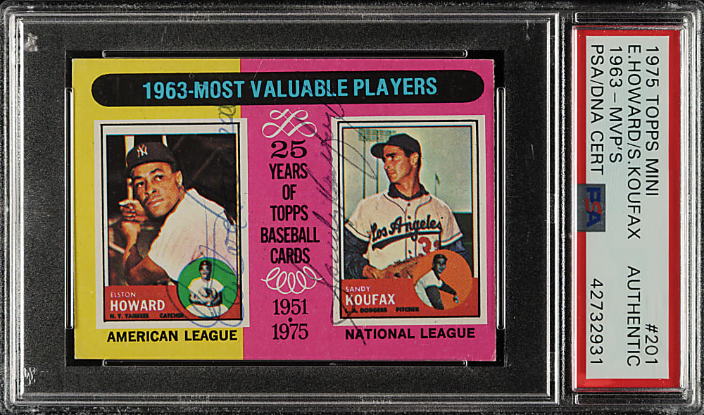 Signed 1975 Topps Mini #201 Elston Howard/Sandy Koufax - PSA/DNA