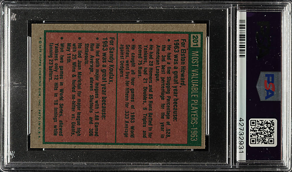 Signed 1975 Topps Mini #201 Elston Howard/Sandy Koufax - PSA/DNA