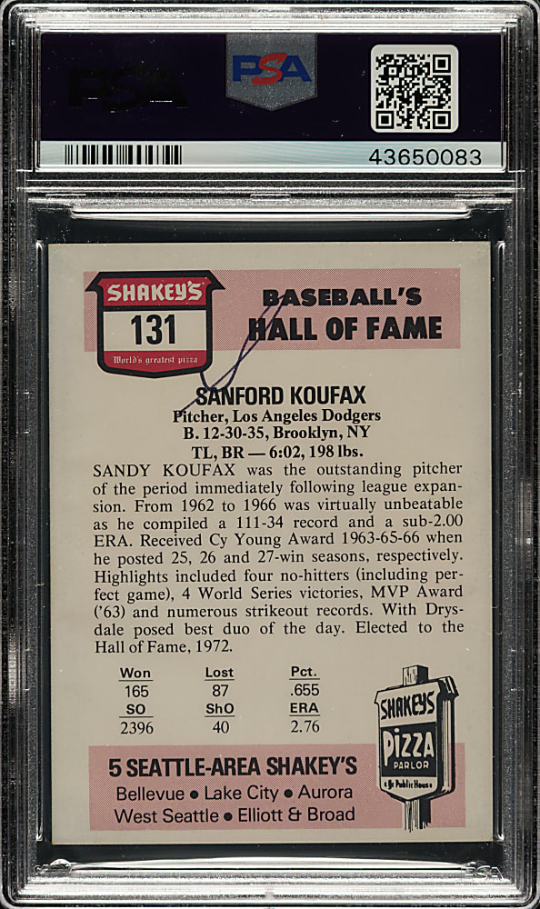 Signed 1976 Shakey's Pizza Hall of Fame #131 Sandy Koufax - PSA/DNA