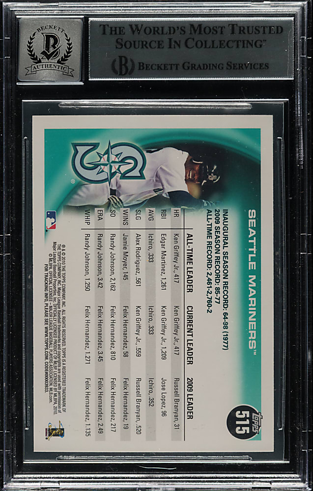 Signed 2010 Topps #515 Ichiro Suzuki/Ken Griffey Jr. Beckett GEM MINT 10