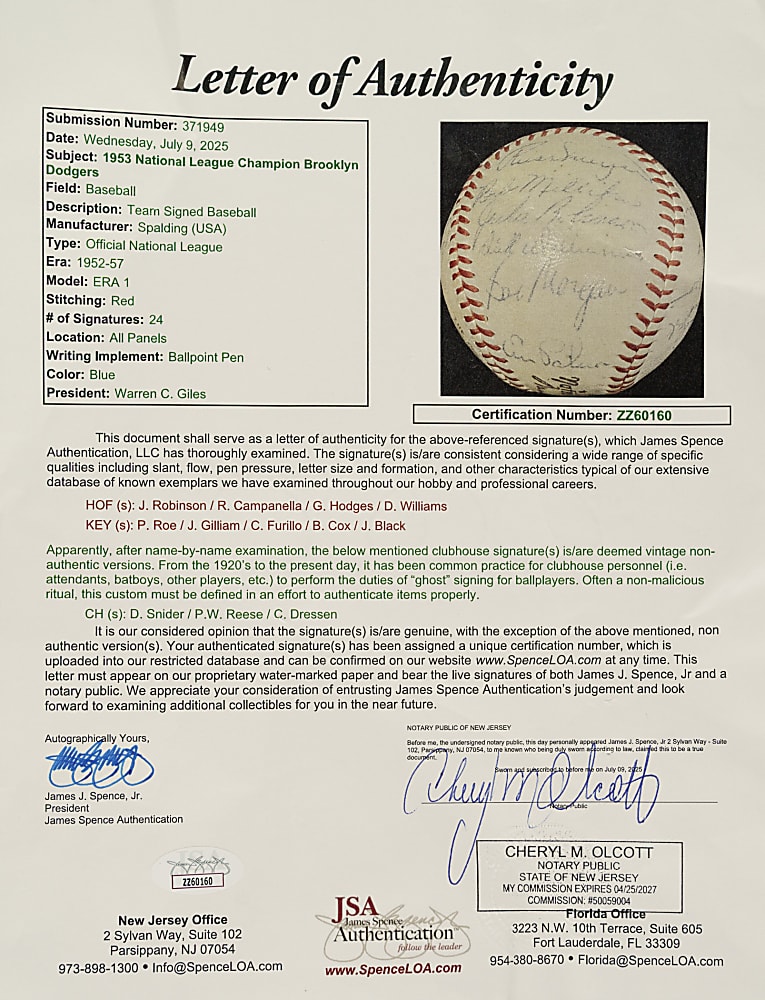 1953 Brooklyn Dodgers National League Champions Team-Signed Baseball with Jackie Robinson, Roy Campanella, and Gil Hodges - JSA