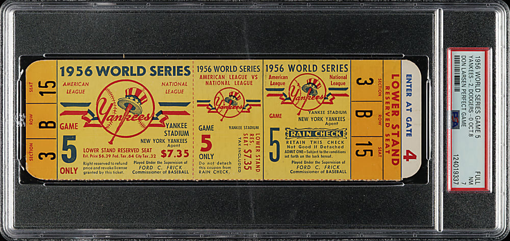 1956 New York Yankees (vs. Brooklyn Dodgers) World Series Game 5 Full Ticket PSA NM 7 - Don Larsen's Perfect Game and Mickey Mantle Career World Series Home Run #8 - 1 of 1 - Highest Graded!