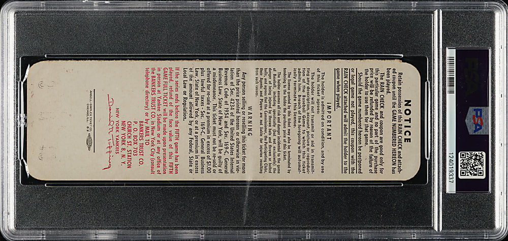 1956 New York Yankees (vs. Brooklyn Dodgers) World Series Game 5 Full Ticket PSA NM 7 - Don Larsen's Perfect Game and Mickey Mantle Career World Series Home Run #8 - 1 of 1 - Highest Graded!