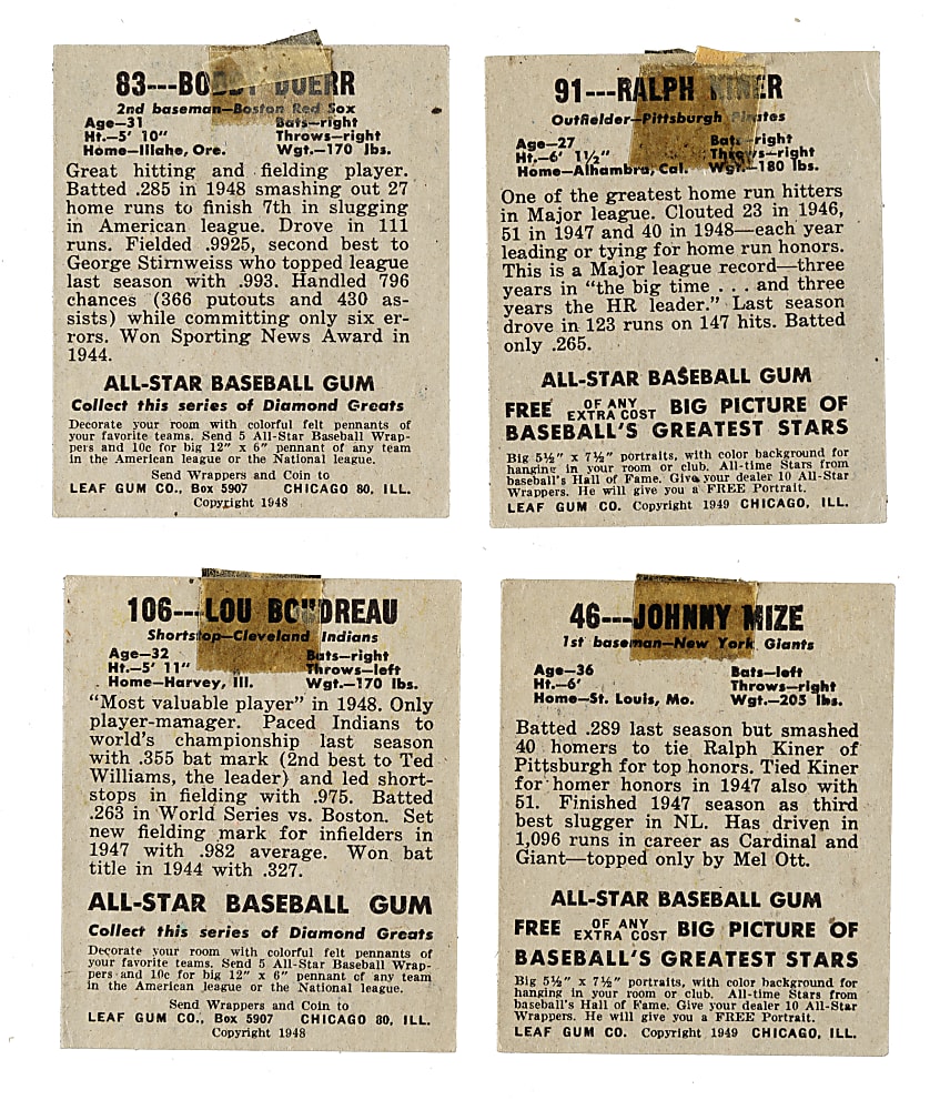 1948-1949 Leaf Collection (30) Including Bobby Doerr, Johnny Mize, and Ralph Kiner Rookie
