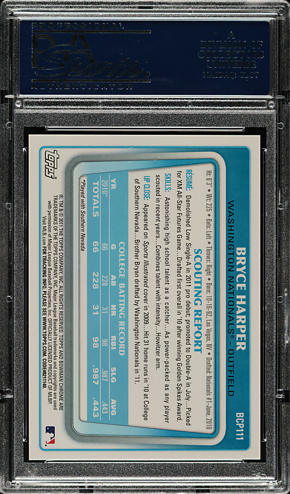 2011 Bowman Chrome Prospect Autographs #BCP-111B Bryce Harper PSA GEM MINT 10