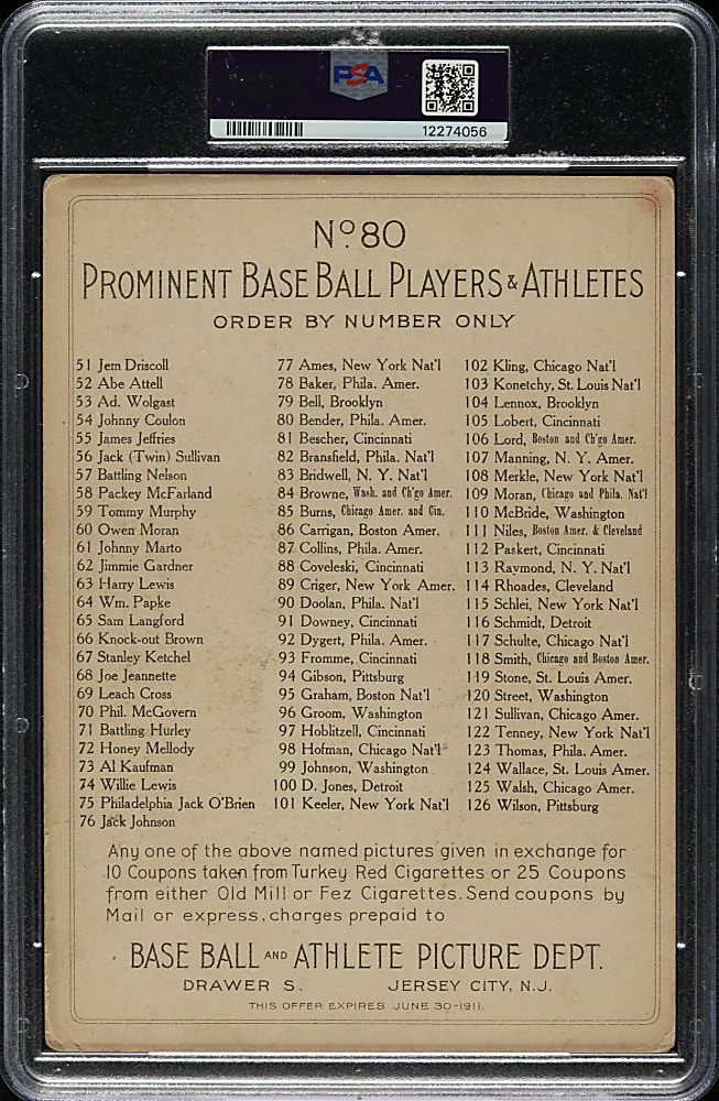 1911 T3 Turkey Red #80 Chief Bender PSA GOOD 2