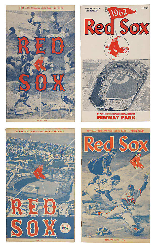 1954 to 1962 Boston Red Sox Program Collection (9) Including Mickey Mantle, Ted Williams, and Yogi Berra in Lineup