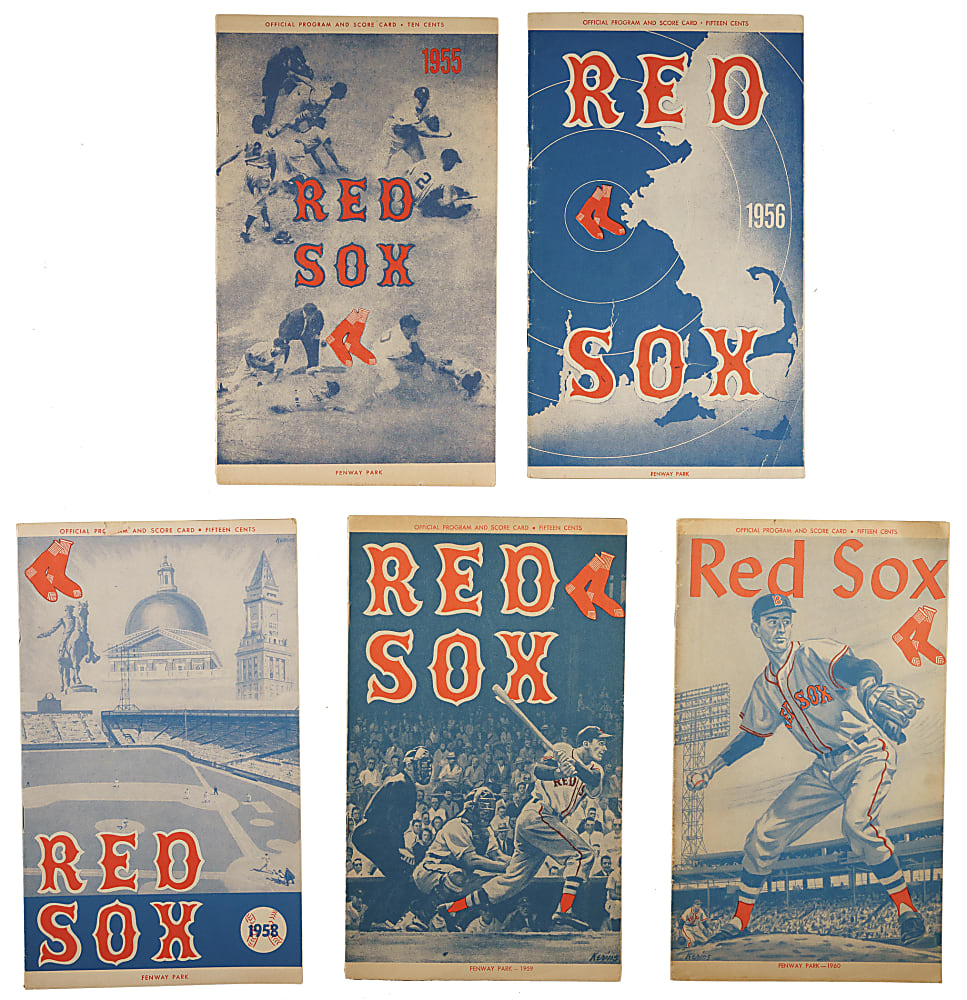 1954 to 1962 Boston Red Sox Program Collection (9) Including Mickey Mantle, Ted Williams, and Yogi Berra in Lineup