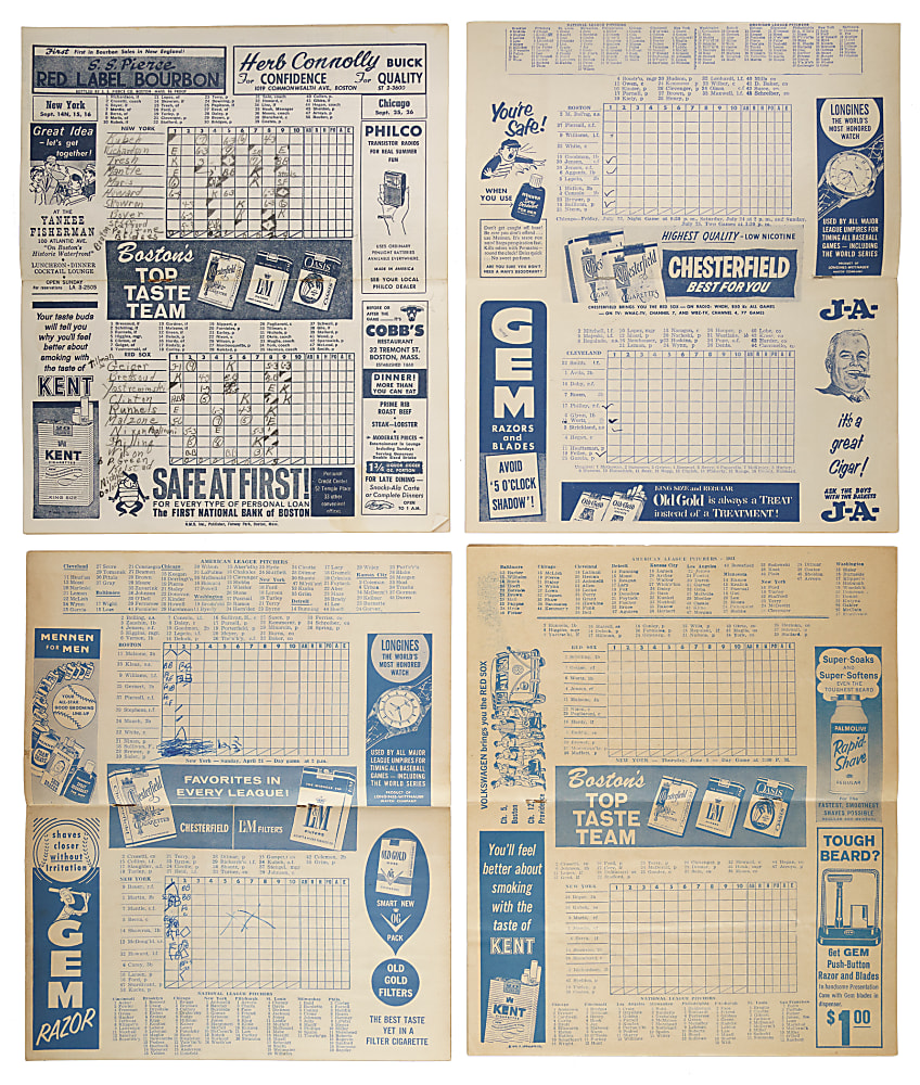 1954 to 1962 Boston Red Sox Program Collection (9) Including Mickey Mantle, Ted Williams, and Yogi Berra in Lineup