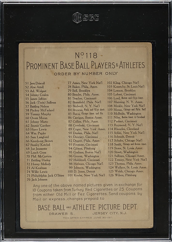 1911 T3 Turkey Red #118 Frank Smith SGC VG/EX 4