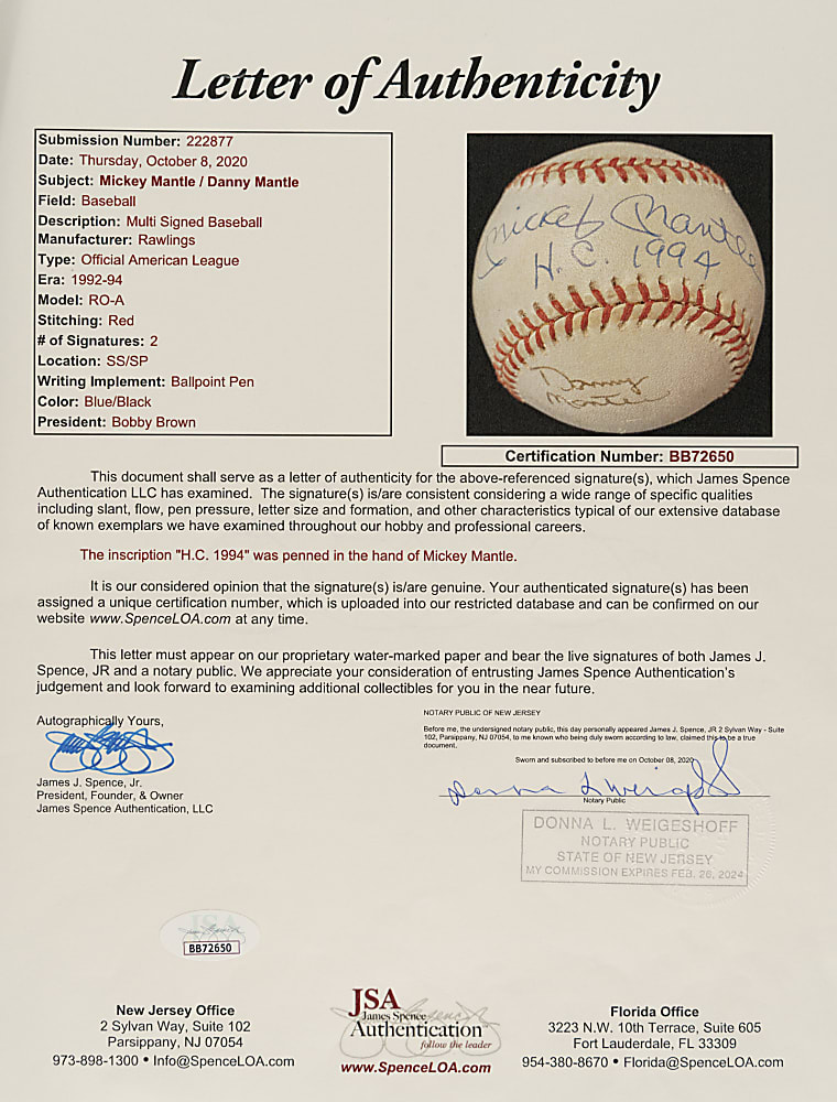 Mickey Mantle and Danny Mantle Dual-Signed Baseball with "H.C. 1994" Inscription - JSA