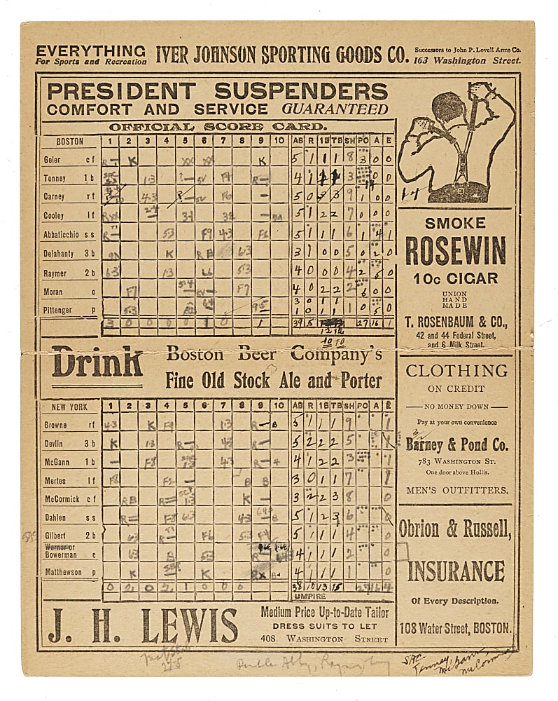 1904 Boston Nationals (vs. New York Giants) Scorecard with Christy Mathewson