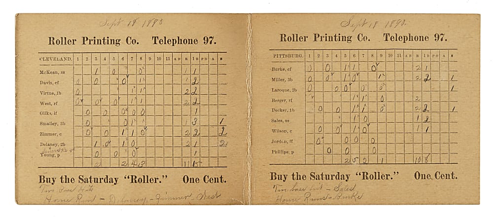 1890 Pittsburgh Alleghenys (vs. Cleveland Spiders) Scorecard with Cy Young and George Davis Rookie Year